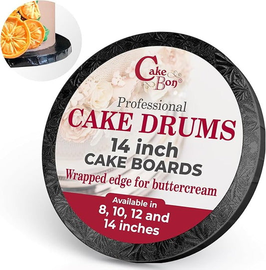 Cakebon Round Cake Boards - Sturdy 1/2 Thick Drums - 14 Inch Professional Fully Wrapped Edges Black 3-Pack