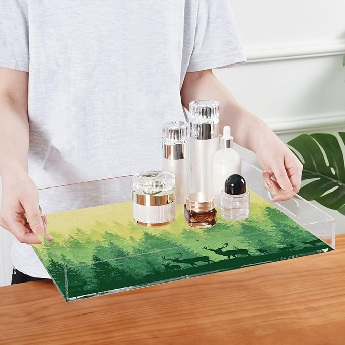 Serving Tray with Handles Clear Acrylic Tray 12x16 Inch Decorative Rectangular Tray Organizer for Ottoman Coffee Table Bathroom Gradient Yellow Green Deer Herd and Birds