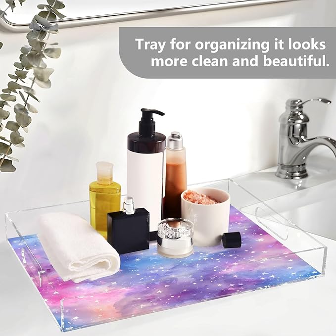 Serving Tray with Handles Clear Acrylic Tray 12x16 Inch Decorative Rectangular Tray Organizer for Ottoman Coffee Table Bathroom Tie Dye Dots and Stars