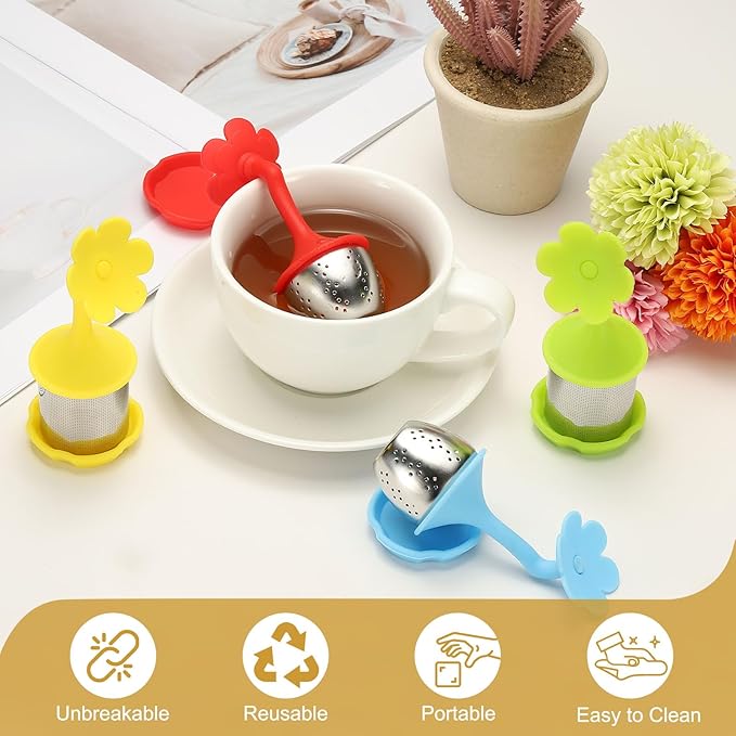 uxcell 2 Pcs Flower Tea Infuser, Stainless Steel Loose Leaf Tea Steeper Filter with Silicone Handle Reusable Coarse Pores Mesh Strainer Diffuser for Teacups Teapots Mugs, Blue
