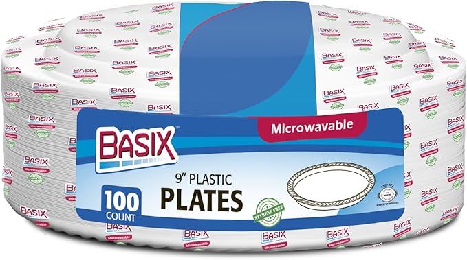 Basix 9 inch Plastic Plates Microwave Safe 100 Count, White