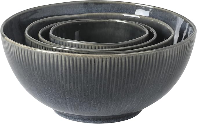 Gibson Elite Sandy Pines 4 Piece Nesting Bowl Set, 4”, 5.5”, 7” & 9” Round Stoneware Bowls, Reactive Glaze Finish, Blue, Mixing, Prep & Serving Bowls, Microwave & Dishwasher Safe