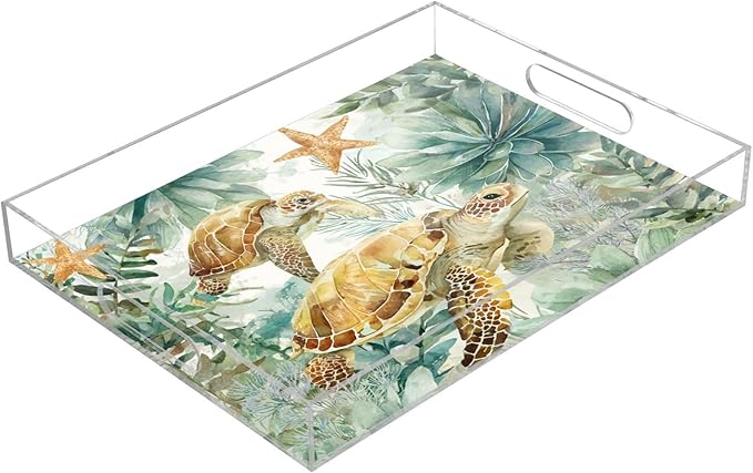 Serving Tray with Handles Clear Acrylic Tray 12x16 Inch Decorative Rectangular Tray Organizer for Ottoman Coffee Table Bathroom Sea Turtle Starfish Plants