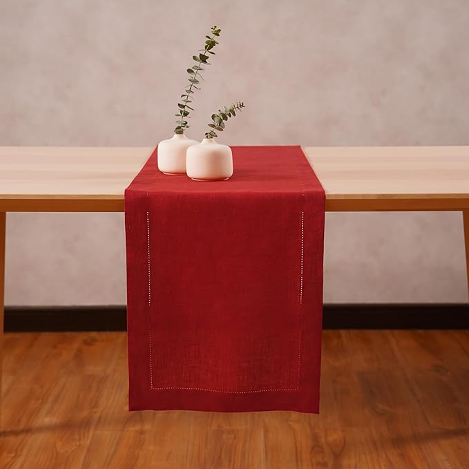 Home Ekaa 100% Linen Red Table Runner 14 x 72 Inch Long -Washable Cloth Fabric Hemstitch Runner for Christmas, Fall, Winter, Holiday & New Year - Elara