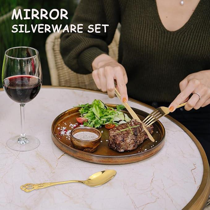 20 Piece Gorgeous Retro Royal Gold Silverware Set for 4, Premium Stainless Steel Flatware Set with gift box, Mirror Polished Cutlery Set Including Spoons and Forks, Vintage Utensils, Dishwasher Safe