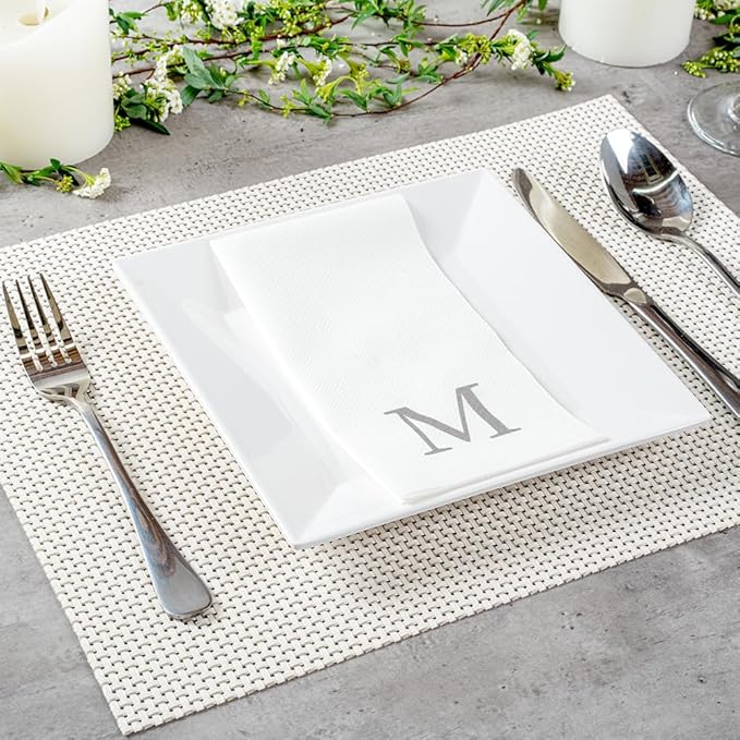 Luxenap 15.8 X 7.9 Inch Linen-Feel Guest Towels, 2000 Lettered Hand Towels - Silver Letter 'M', Sans Serif Font, White Paper Dinner Napkins, airlaid, For Restrooms And Tables - Restaurantware