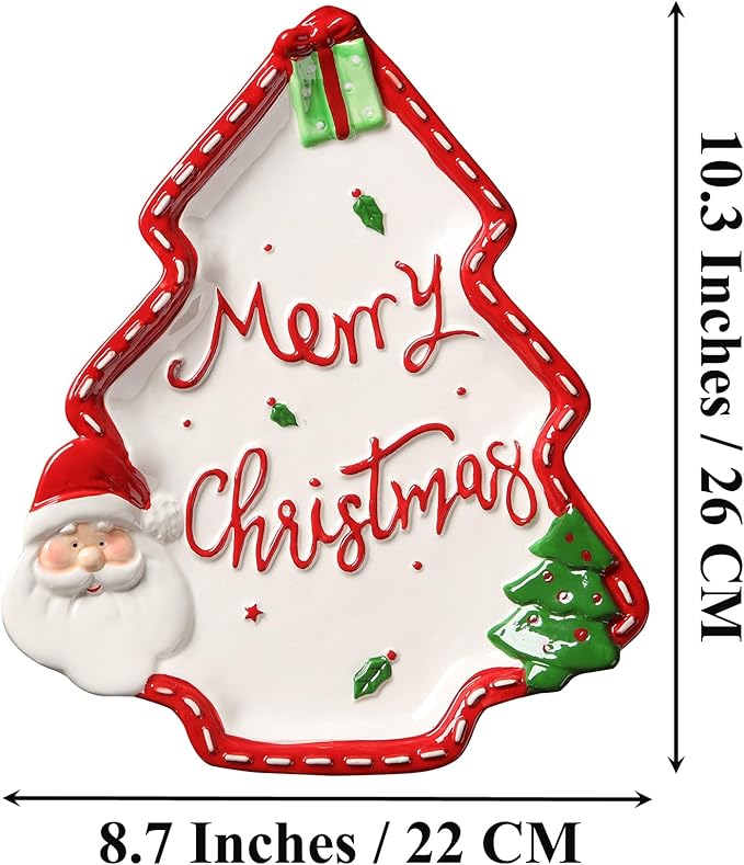 10.3 Inches Snacks Appetizer Trays Set, Christmas Tree Dessert Serving Dishes, Snack Platter, Food Cereal Salad Bowl, Santa Claus High Relief Bowl Ceramic Plate