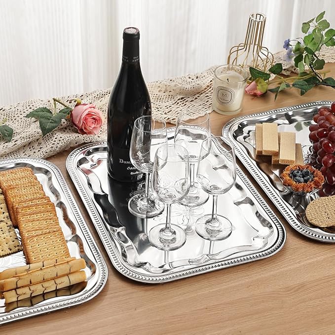 4-Pack 15.7" x 11.8" Silver Serving Trays for Party Set - Floral Engraved Serving Platters, Wedding Birthday Mirror Tray for Christmas, Food, Appetizer, Charcuterie, Cookies, Desserts