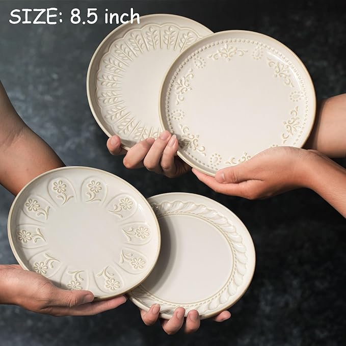 Artena Salad Plates Set Of 4, 8.5 Inch Embossed Appetizer Plates, Ceramic Small Dinner Dessert Plate, With Lipped Edges for Kitchen Microwave Oven Dishwasher Safe (Damask Floral)