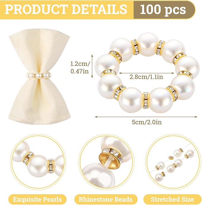 Suream 100 Pcs Napkin Rings Gold, Imitation Pearl Beaded Napkin Ring for Wedding Dinner Party Kitchen Table Birthday Decoration(White&Gold, 2 Inch)