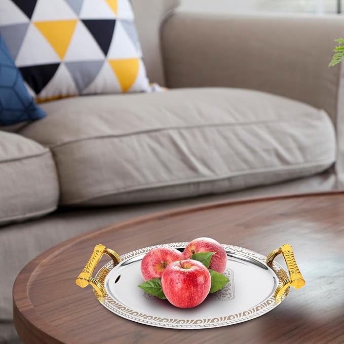 European Style Stainless Steel Serving Tray Vintage Oval Food Storage Tray for Snacks Fruits Desserts Reusable Easy to Clean for Home Restaurant Use Silver Gold Edge
