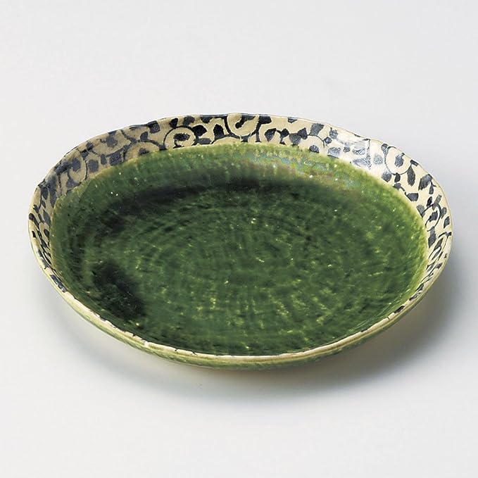Arabesque Oribe Appetizer Plate, 7.6 x 7.4 x 1.1 inches (19.2 x 18.7 x 2.8 cm), 9.5 oz (270 g), Round Plate, Restaurant, Ryokan, Japanese Tableware, Stylish, Commercial Use