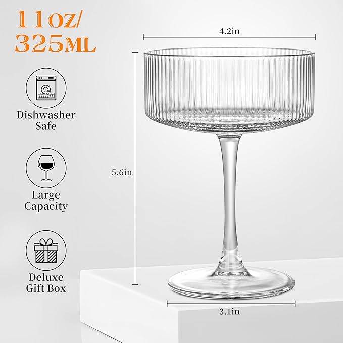 Amyoole Vintage Ribbed Coupe Glasses Set of 6-11oz Clear 100% Crystal Martini Glasses Elegant Cocktail Glasses, Transparent Glassware for Champagne, Margaritas, Espresso with a Rose Ice Mold