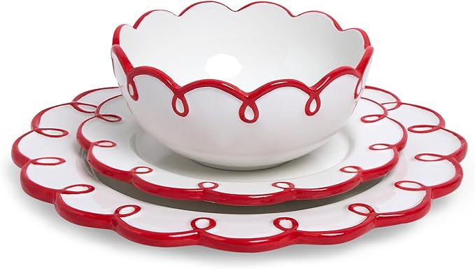 Sango 12-Piece Earthenware Dinnerware Set for 4, Glossy White Plates and Bowls Sets with Red Scalloped Rims, Premium Dish Set, Holiday Dishes for Gifting & Hosting Christmas Party, Splash of Cheers