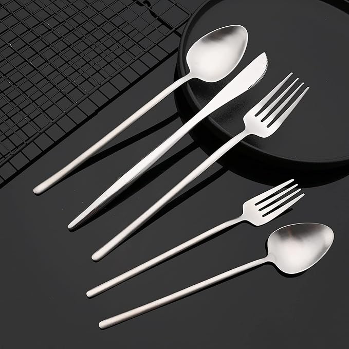 JASHII Modern Silverware Set - 20 Pieces Cutlery Set Matte Silver - Brushed 304 Stainless Steel Flatware Set - Narrow and Long Handle - for Home Dinner and Restaurant