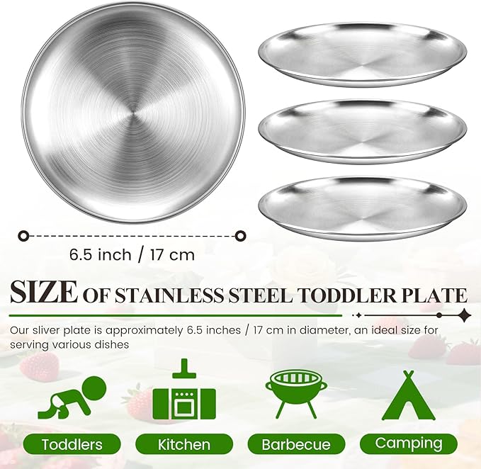 Nuogo 20 Pieces Stainless Steel Silver Plates 6.5 Inch Silver Dinner Plates Metal Serving Tray Dessert Dishes for Bbq, Salad, Snack, Desserts, Food Serving, Outdoor Camping