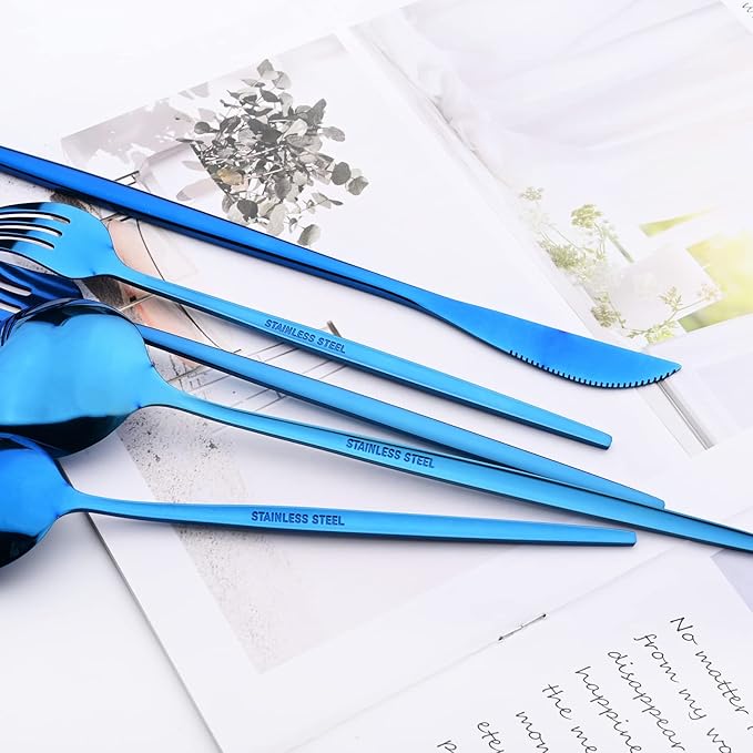 30Pcs Blue Simplicity Mirror Finished Cutlery Set, 18/0 Stainless Steel Daily Use Silverware Kitchen Home Restaurant Party Dessert Flatware Set Include Knife/Fork/Spoon, Service For 6