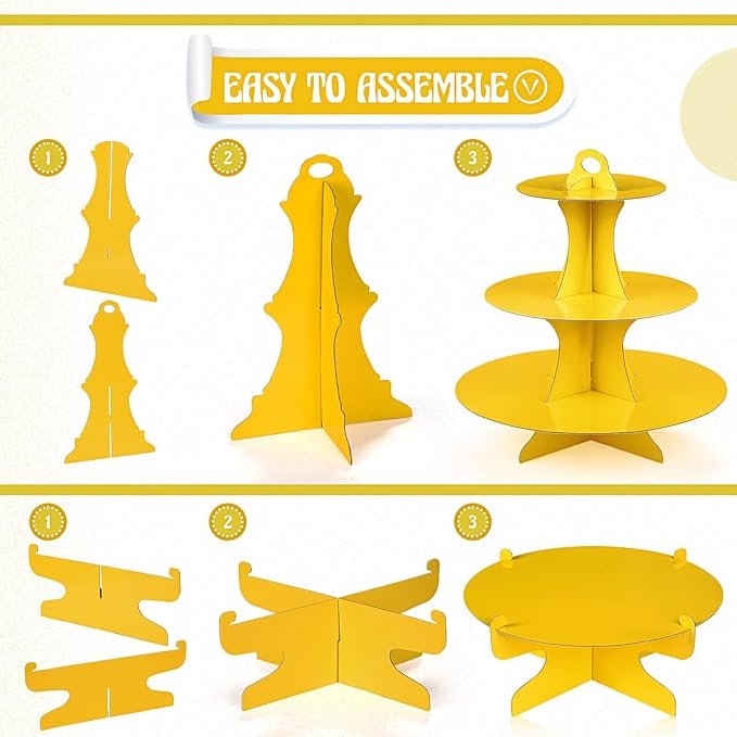 Zopeal 7 Pcs Dessert Table Display Set 3-Tier Cupcake Stand 1-Tier Cup Cake Display Tower Platters and Serving Trays Cardboard Cake Cookie Holders for Wedding Birthday Party Baby Shower(Yellow)