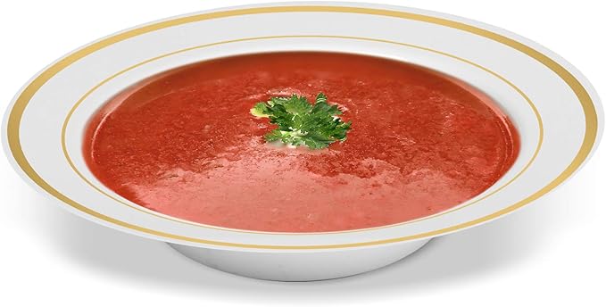 50 Disposable White Gold Trim Plastic Soup Bowls | 14 oz. Premium Heavy Duty Disposable Dinnerware with Real China Design | Safe & Reusable and Great for Parties or Weddings. (50-Pack) Gold