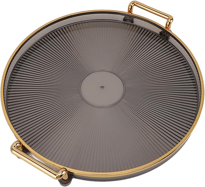Dioche Elegant Round Serving Tray with Gold Handle and Golden - Multifunctional Display Tray for Fruits, Desserts, Snacks, and Decor (Smoky Gray)