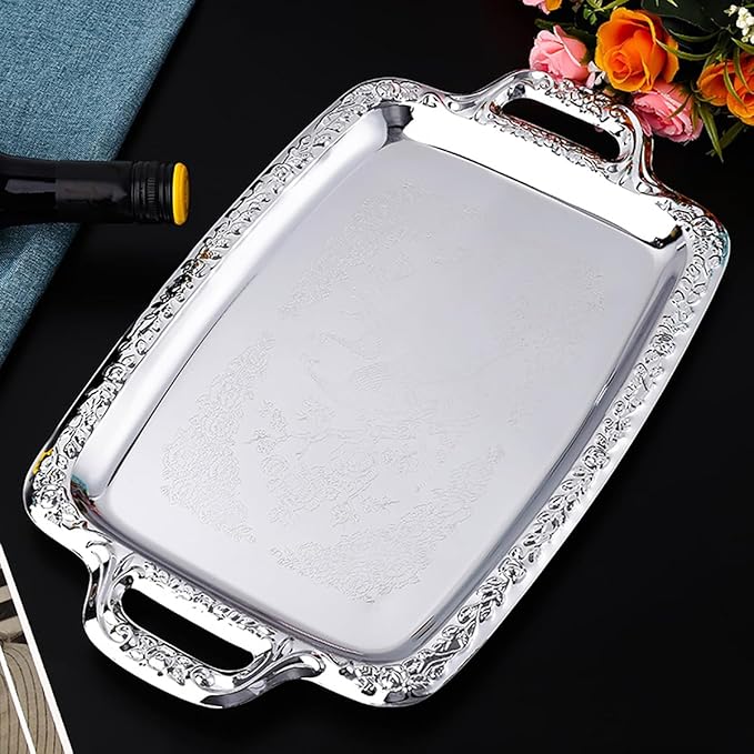 Simple Stainless Steel Tray with Silver Border Tabletop Snack Fruit Tray Rectangular Storage Tray,Silver