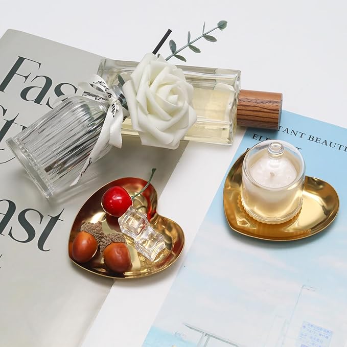 PINE & LINEN 2pcs Gold Jewelry Dish,3.5inch Stainless Steel Heart Trinket Tray Decorative Plate,Small Serving Tray for Home Decor/Decor Enthusiasts