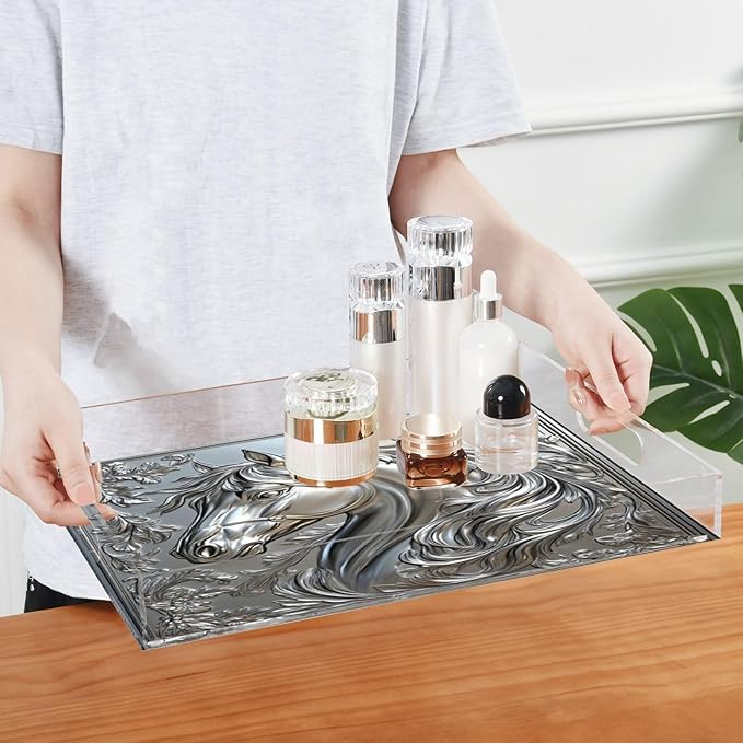 Horse Floral Relief Silver Serving Tray with Handles Decorative Ottoman Rectangle Acrylic Tray for Kitchen Bar Coffee Table 16"x12"