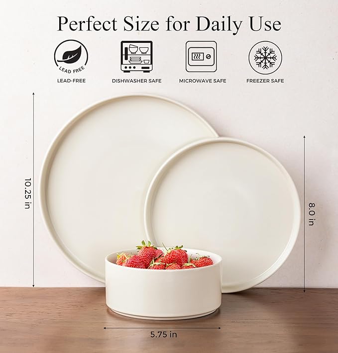 GBHOME Ceramic Dinnerware Sets for 4,Stoneware Plates and Bowls Sets,Chip and Crack Resistant | Dishwasher & Microwave Safe Dishes Set,Scratch Resistant- Service for 4 (12pc)-Matte Cream