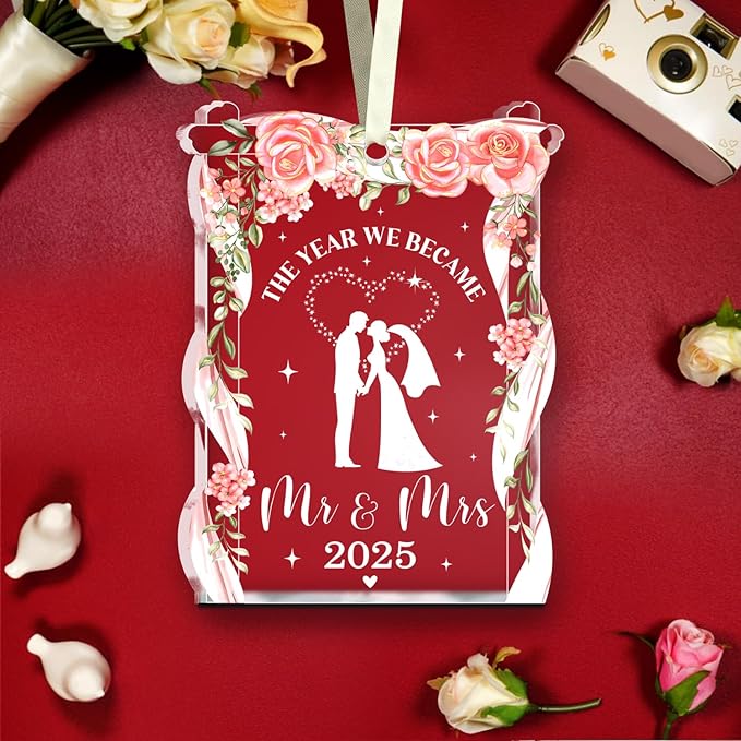 NewEleven Wedding Gifts - Mr and Mrs, Bridal Shower Decorations - Wedding Gifts for Couples 2025, Bride Gift for Friends - Just Married Glass 2025 Ornament
