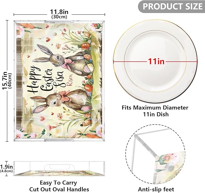 Serving Tray with Handles Clear Acrylic Tray 12x16 Inch Decorative Rectangular Tray Organizer for Ottoman Coffee Table Bathroom Happy Easter Bunny Carrot