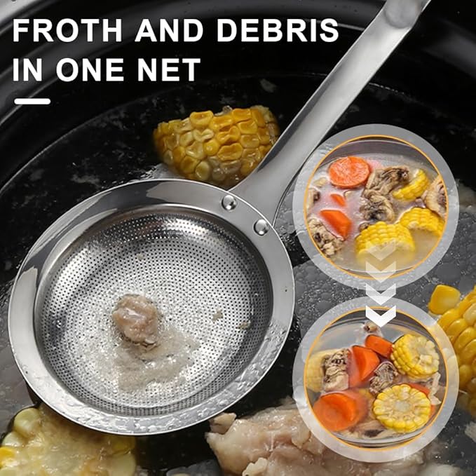 Fine Mesh Stainless Steel Colander Spoon,2025 New Extra Fine Mesh Strainer with Handle,304 Stainless Steel Skimmer Spoon Kitchen Gadget for Filte Grease Foam (1, B Style, Large+Small)