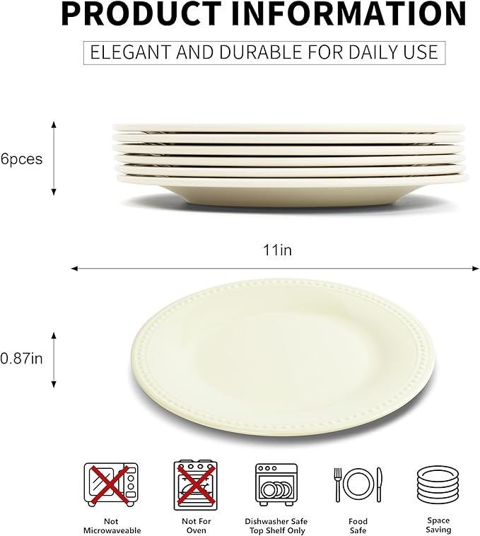 Melamine Beaded Dinner Plate Set of 6, BPA Free, Chip & Break Resistant, Lightweight, Great for Dining, Weddings & Everyday Meals, Cream, 11in