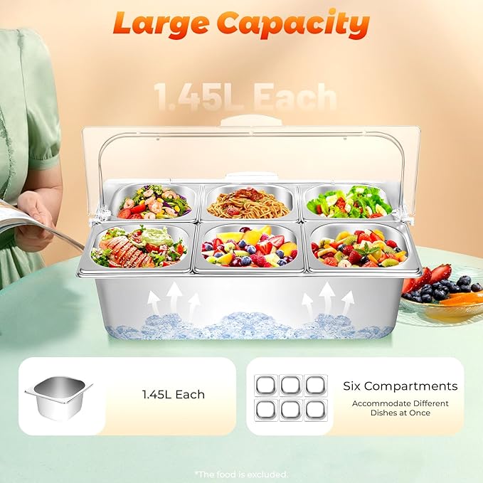 Countertop Food Serving Display, 6 Pans Food Serving Tray Stainless Steel Ice Food Serving Display Tray with Lid for Restaurants and Hotels 21 x 13 x 13 Inch