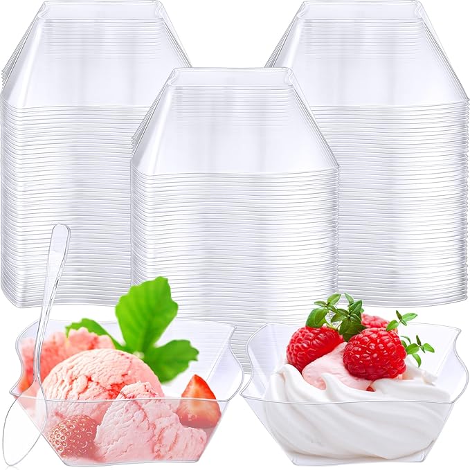 Suclain 200 Sets 5 oz Plastic Dessert Bowls Disposable Mini Dessert Cups with Spoons Appetizer Plates for Birthday Weddings Party Family Gathering