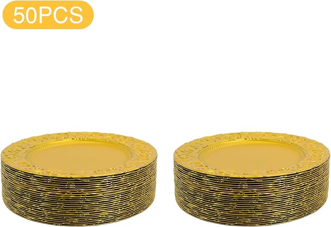 50 Pcs Antique Charger Plates Bulk 13" Round Floral Chargers for Dinner Plates, Gold Charger Plates for Wedding, Party, Elegant Tabletop Decor (Gold)
