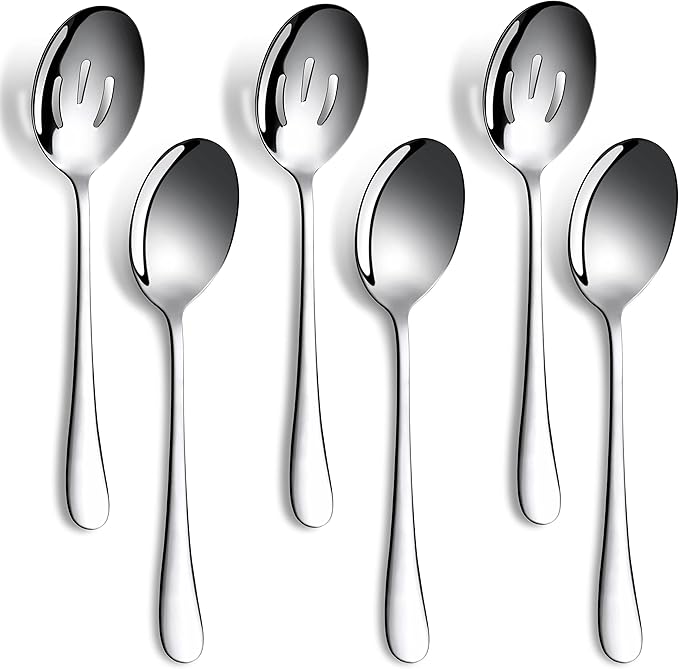 6 Pieces Serving Spoons Set, 8.7 Inch, Includes 3 Serving Spoons and 3 Slotted Spoon, Large Stainless Steel Buffet Banquet Utensils Cutlery Set for Home, Kitchen