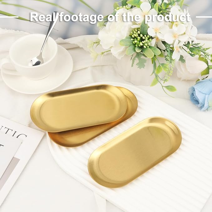 15 Pack 7 Inch Oval Stainless Steel Decorative Tray, Stainless Steel Tea Fruit Tray, 7 inch Gold Oval Trays for Bathroom Vanity, Jewelry, Perfume & Key Organizer (Gold)