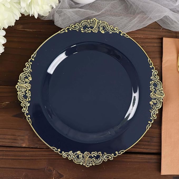 8" Salad Plates -Set of 20 - Plastic Navy Blue Round Baroque Disposable Chargers Leaf Embossed Rim, Ideal for Dinner Party Wedding Bulk Events