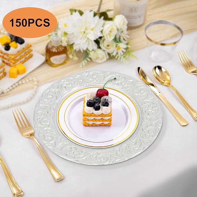 150 Pcs Antique Charger Plates Bulk Round Plastic Dinner Plate Embossed Rim Server Plate Decorative Chargers Floral Plates for Dinner Parties Wedding,13 Inch (150Pcs-Silver)