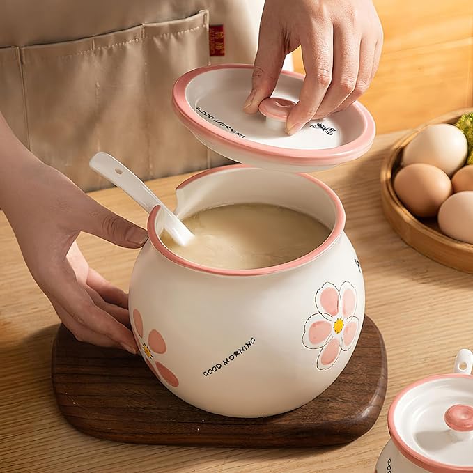 Ceramic Salt and Sugar Bowl, Porcelain Condiment Jars with Lid and Spoon, Seasoning Spice Pot Bowl, Salt Sugar Pepper Storage Jar, 600ml, Pink Flower