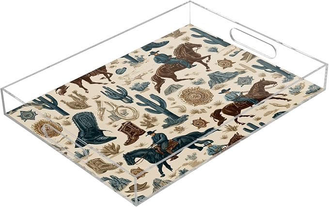 Serving Tray with Handles Clear Acrylic Tray 12x16 Inch Decorative Rectangular Tray Organizer for Ottoman Coffee Table Bathroom Light Brown Horse and Badge Cowboy Boots Desert Cactus