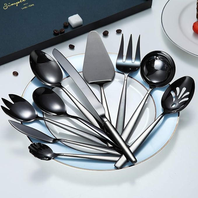 Berglander Black Serving Utensils 10 Pieces, Titanium Plating Serving Spoons, Included Cake Knife Cake Server Serving Forks Sugar Spoon Salad Spoon Forks Butter Knife Gravy Ladle ect.