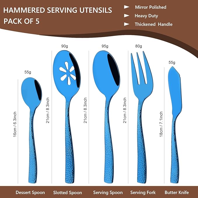 Serving Utensils Set, 5-Piece 18/8 Stainless Steel Hostess Serving Set, Elegant Hammered Serving Utensils for Home Restaurant and Buffet Catering, Heavy and Mirror Polished, Blue