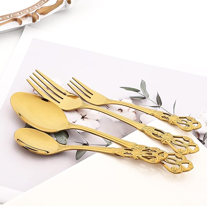 Elegant 32-Piece (4 Set) Retro Flatware Set, Stainless Steel Cutlery Set - Complete Eating Tableware Serving Set, Dishwasher Safe, Shiny Mirror Polish (Gold)