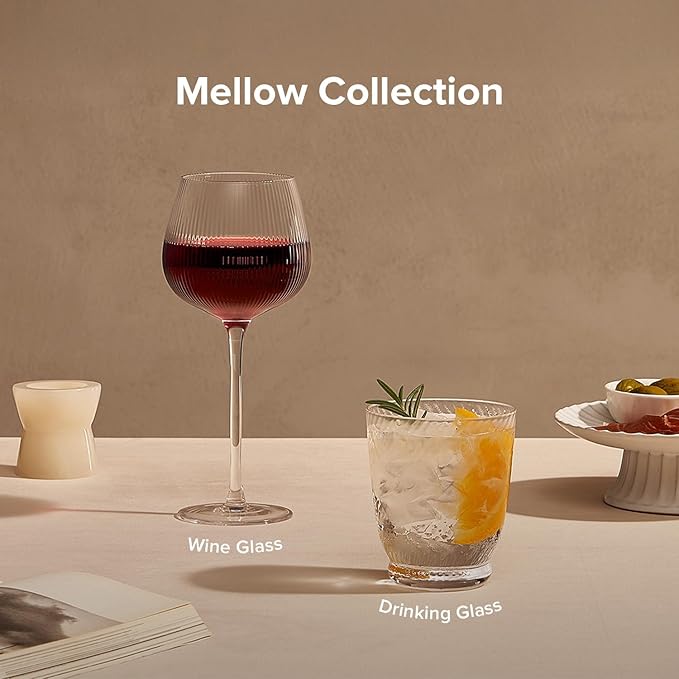mopio Mellow Fluted Drinking Glasses Set of 4, 11.5 oz, Dishwasher Safe, Trendy Barware for Parties, Wedding & Home, Fun Aesthetic Drinkware Gift in Eco-Friendly Packaging, Soda-Lime Glass (Clear)
