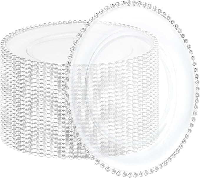 24 Pack Clear Charger Plates 13 Inch Clear Plastic Charger Plates with Beaded Rim Acrylic Round Dinner Plates for Home Kitchen Catering Wedding Table Event Party Dinner Tabletop Decoration (Silver)