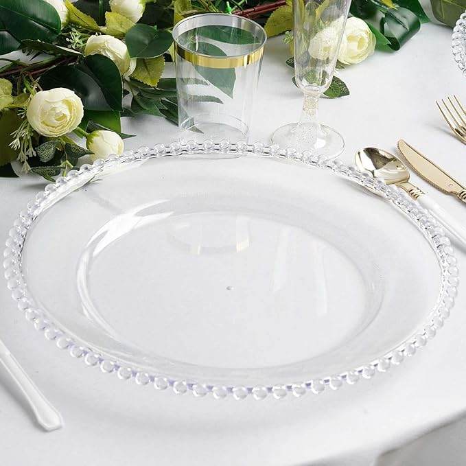 13" Charger Plates - Set of 24 - Clear Round Acrylic Disposable Chargers with Beaded Rim, Ideal for Dinner Party Wedding Bulk Events