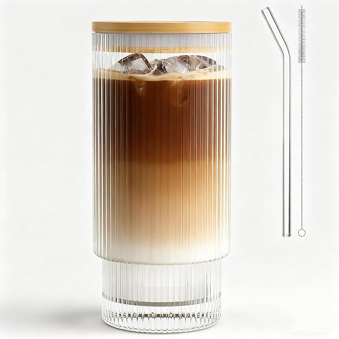AFINSEA 16OZ Ribbed Glass Cups with Lids and Straws,Iced Coffee Cups with Lid,Vintage Glassware for Whiskey Cocktail Beer Fruit Juice Glasses Tumbler(1Pack)