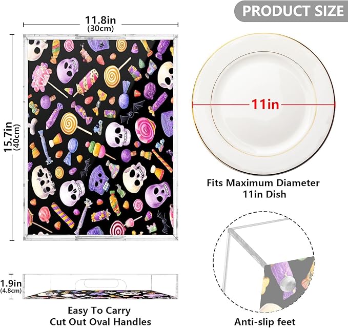 Serving Tray with Handles Clear Acrylic Tray 12x16 Inch Decorative Rectangular Tray Organizer for Ottoman Coffee Table Bathroom Halloween Skulls Lollipops Candies