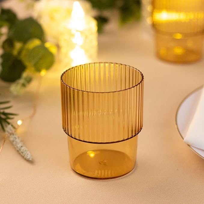 TCF Linen 12 Pack Amber Gold Plastic Tumblers, 7oz Stackable Ribbed Reusable Shatterproof Short Drinking Glasses, Elegant Origami Design for Weddings Parties Catering Cocktails
